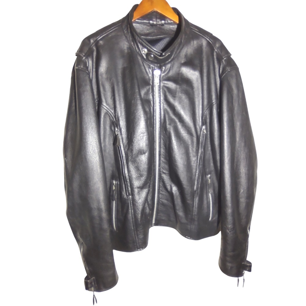 Mens Black‎ Leather Motorcycle Jacket Biker Full Zip Size 58